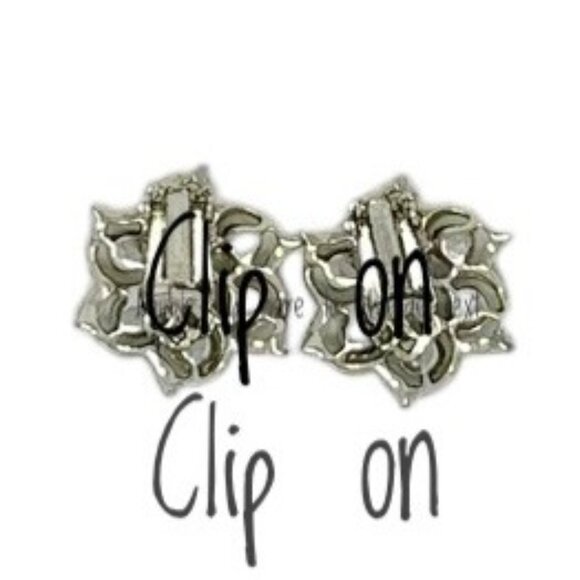 Vintage Silver-Tone Clip-On Flower Earrings With Clear Rhinestone Accents - Picture 4 of 7